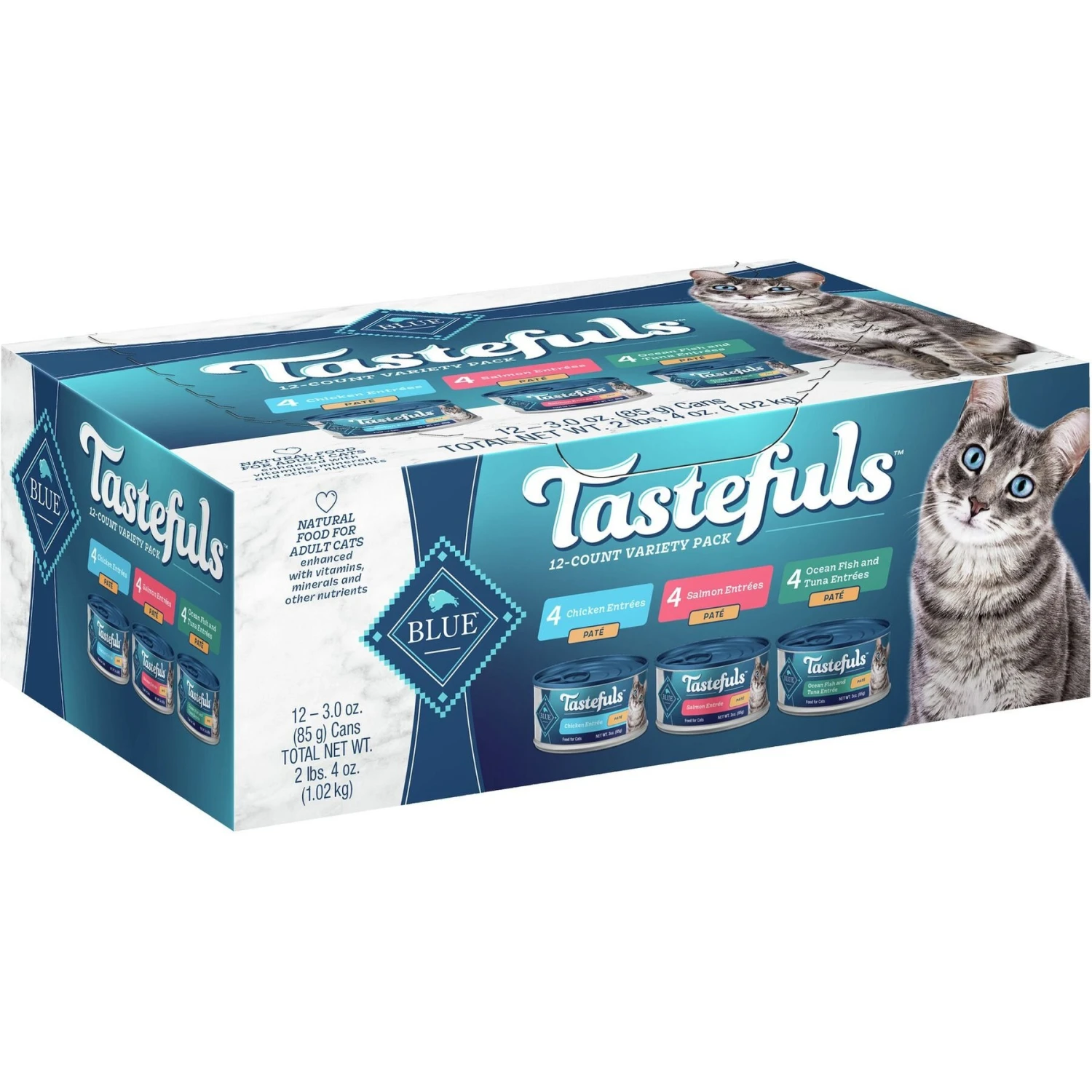 Blue Buffalo Tastefuls Salmon, Chicken, Ocean Fish & Tuna Entrées Variety Pack Pate Wet Cat Food, 3-oz Can, Case Of 12 3 Blue Buffalo Tastefuls Salmon, Chicken, Ocean Fish & Tuna Entrées Variety Pack Pate Wet Cat Food, 3-oz Can, Case Of 12