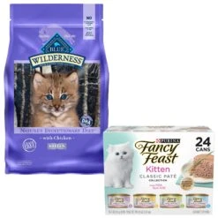 Blue Buffalo Wilderness High Protein Natural Grain-Free Chicken Kitten Dry Cat Food & Fancy Feast Tender Feast Variety Pack Canned Kitten Food