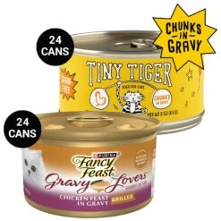 Tiny Tiger Chunks In Gravy Chicken Recipe Grain-Free Canned Cat Food & Fancy Feast Gravy Lovers Chicken Feast In Grilled Chicken Flavor Gravy Canned Cat Food