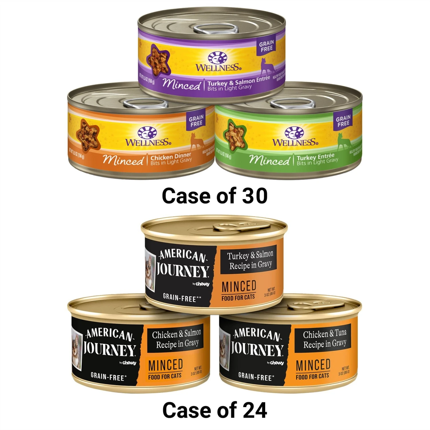 American Journey Minced Poultry & Seafood In Gravy Variety Pack Grain-Free Canned Cat Food & Wellness Complete Health Minced Poultry Pleasers Variety Pack Grain-Free Canned Cat Food 3 American Journey Minced Poultry & Seafood In Gravy Variety Pack Grain-Free Canned Cat Food & Wellness Complete Health Minced Poultry Pleasers Variety Pack Grain-Free Canned Cat Food