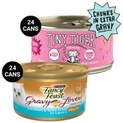 Tiny Tiger Chunks In EXTRA Gravy Salmon & Whitefish Recipe Grain-Free Canned Cat Food & Fancy Feast Gravy Lovers Salmon & Sole Feast In Seared Salmon Flavor Gravy Gourmet Wet Cat Food