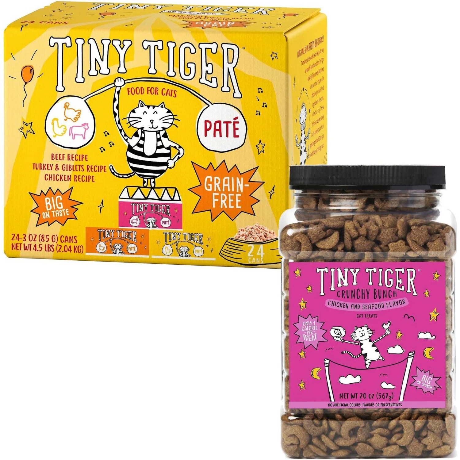 Tiny Tiger Pate Beef & Poultry Recipes Variety Pack Grain-Free Canned Cat Food & Tiny Tiger Crunchy Bunch, Fearless Feathers & Gracious Gills, Chicken & Seafood Flavor Cat Treats 3 Tiny Tiger Pate Beef & Poultry Recipes Variety Pack Grain-Free Canned Cat Food & Tiny Tiger Crunchy Bunch, Fearless Feathers & Gracious Gills, Chicken & Seafood Flavor Cat Treats