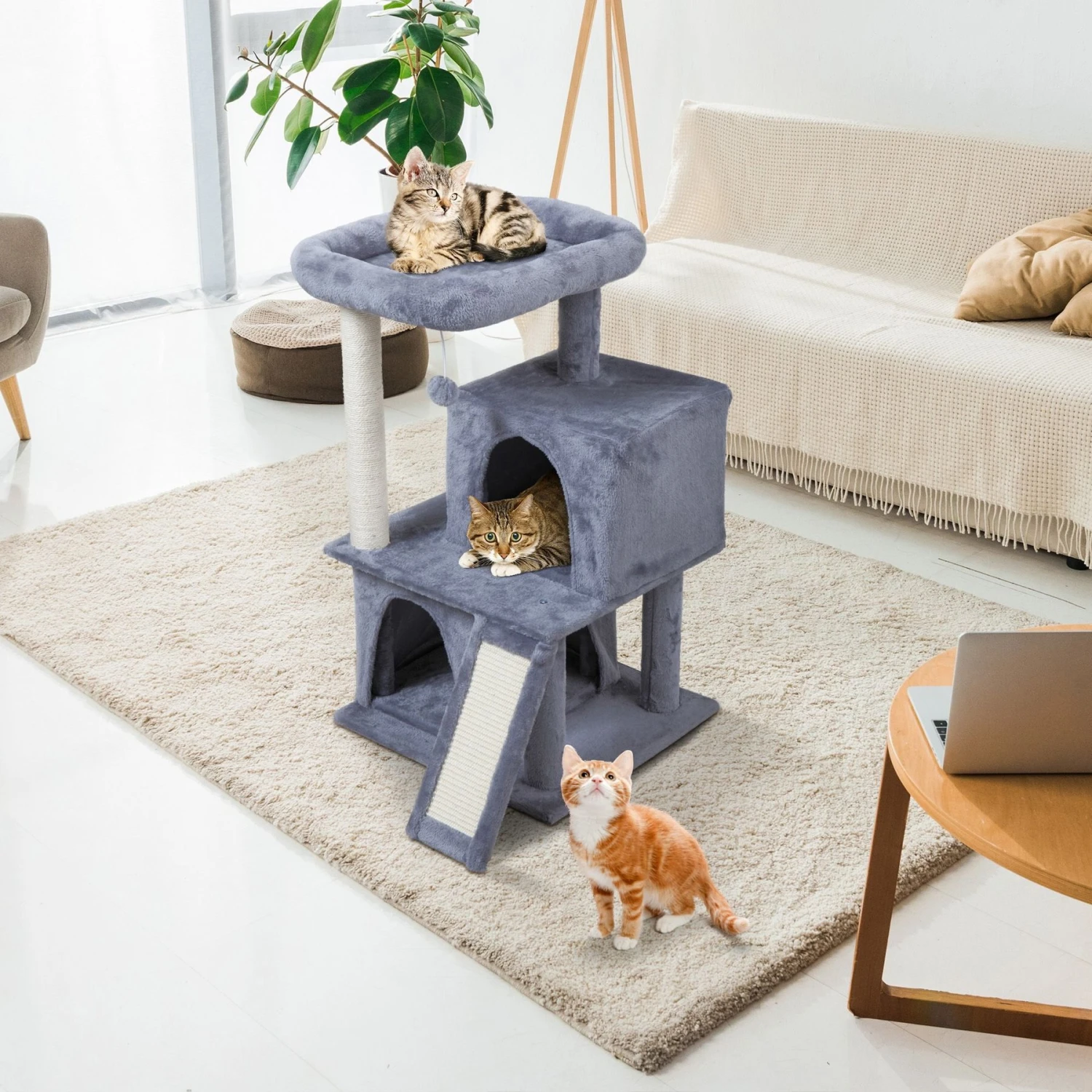 Coziwow By Jaxpety Faux Fur Cat Tree Tower & Condos With Scratch Posts, 34-inch, Grey 5 Coziwow By Jaxpety Faux Fur Cat Tree Tower & Condos With Scratch Posts, 34-inch, Grey - Image 3