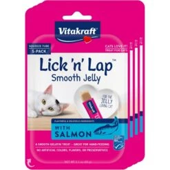 Vitakraft Lick 'n' Lap Jelly Salmon Low Calorie Interactive Wet Cat Treat, 2.1-oz Pouch, Pack Of 4