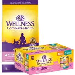 Wellness Complete Health Natural Grain-Free Deboned Chicken & Chicken Meal Dry Kitten Food & Wellness Complete Health Kitten Variety Pack Grain-Free Canned Cat Food, 3-oz, Case Of 12