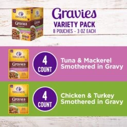 Wellness Healthy Indulgence Gravies Grain-Free Variety Pack Cat Food Pouches & Wellness Kittles Natural Grain-Free Salmon & Cranberries Crunchy Cat Treats -Almo nature Sales 353444 PT2. AC SS1800 V1639523190