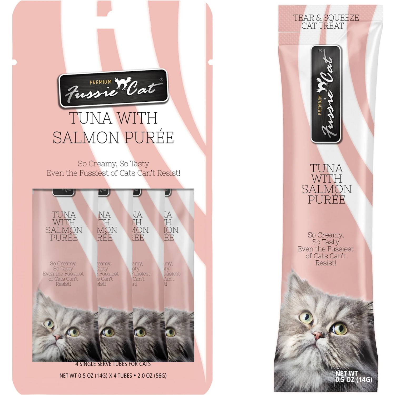 Fussie Cat Tuna With Salmon Puree Lickable Cat Treats, 0.5-oz Pouch, Pack Of 4 3 Fussie Cat Tuna With Salmon Puree Lickable Cat Treats, 0.5-oz Pouch, Pack Of 4