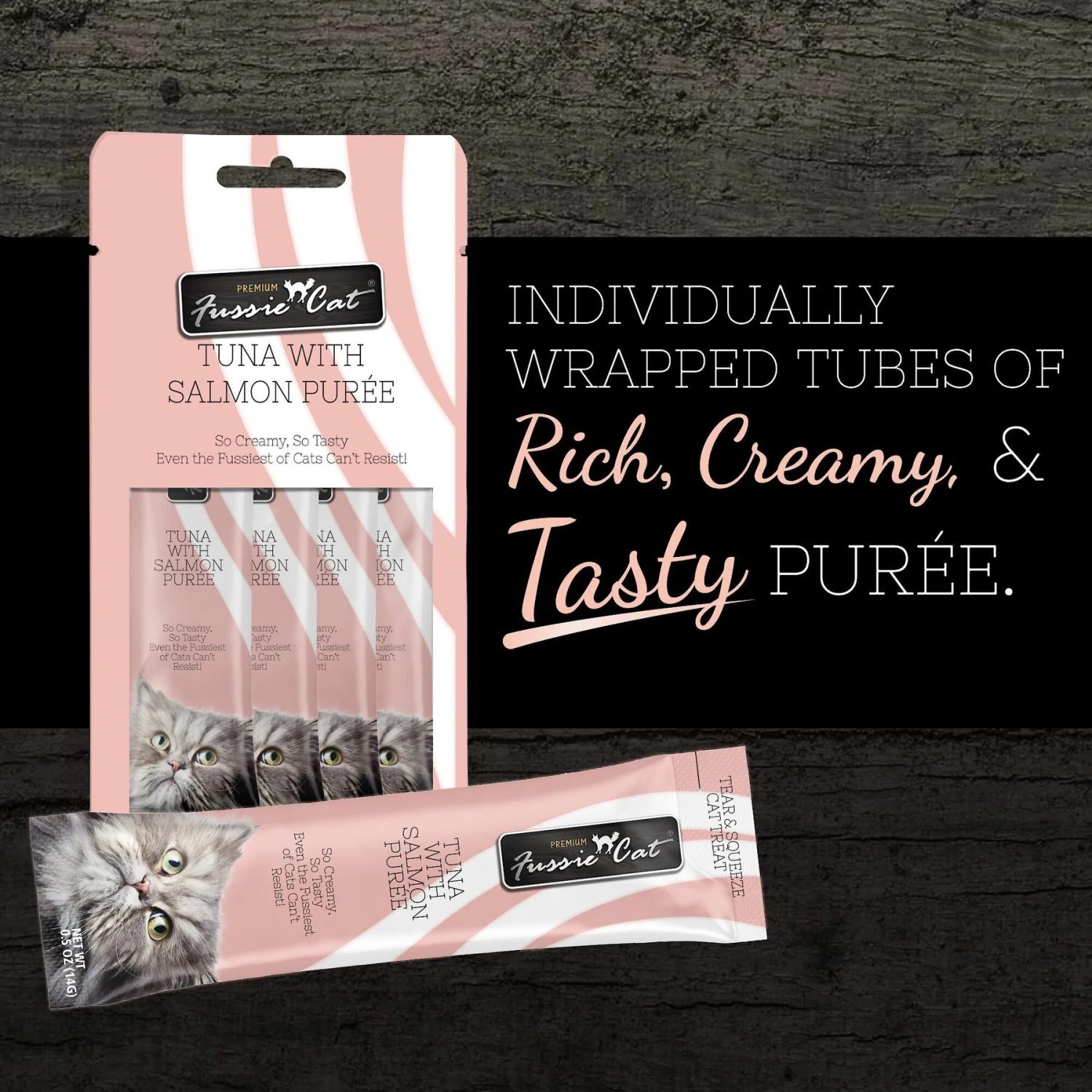 Fussie Cat Tuna With Salmon Puree Lickable Cat Treats, 0.5-oz Pouch, Pack Of 4 4 Fussie Cat Tuna With Salmon Puree Lickable Cat Treats, 0.5-oz Pouch, Pack Of 4 - Image 2