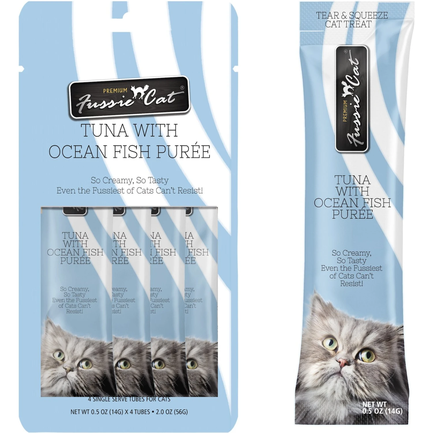 Fussie Cat Tuna With Ocean Fish Puree Lickable Cat Treats, 0.5-oz Pouch, Pack Of 4 3 Fussie Cat Tuna With Ocean Fish Puree Lickable Cat Treats, 0.5-oz Pouch, Pack Of 4