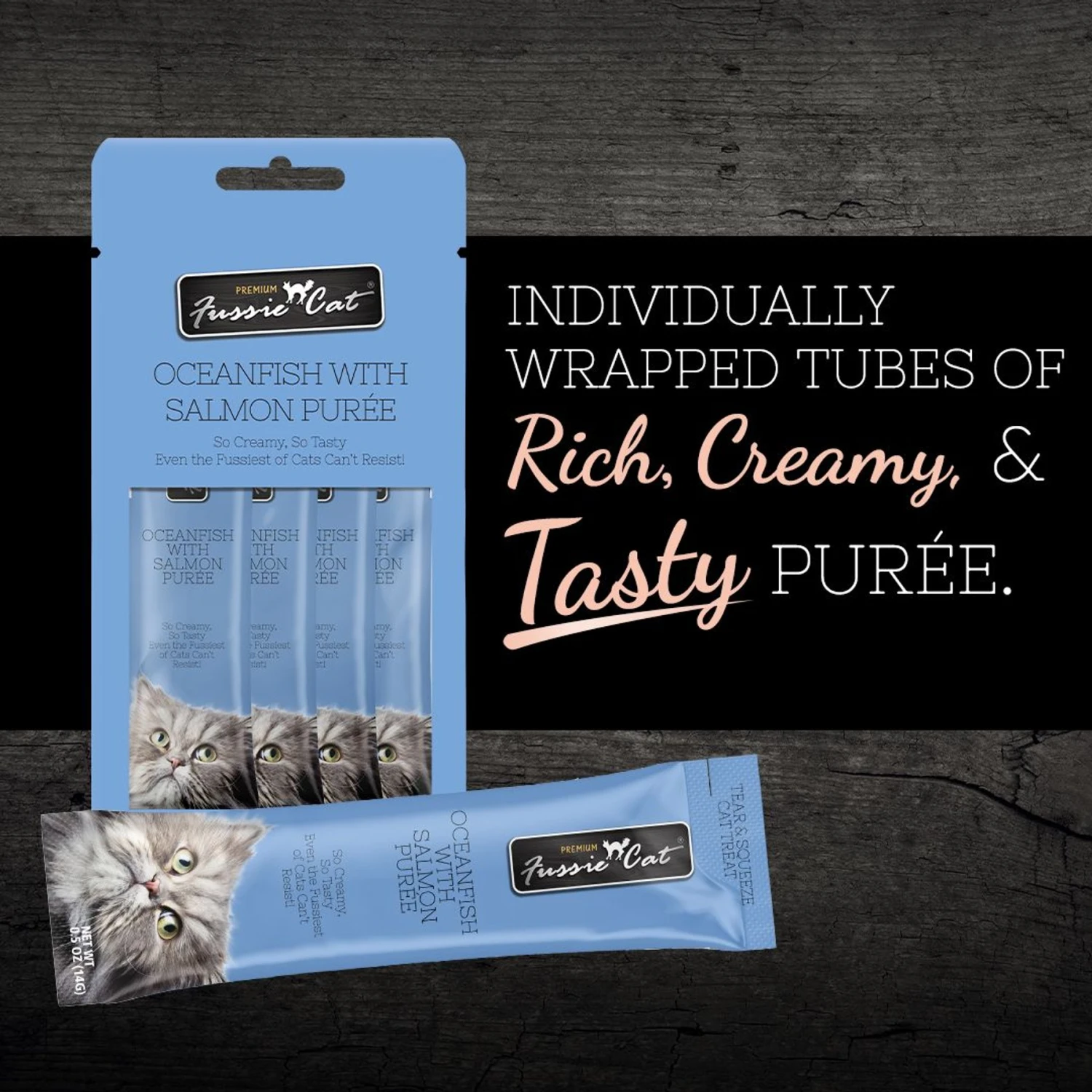 Fussie Cat Ocean Fish & Salmon Puree Lickable Cat Treats, 2-oz Pouch 4 Fussie Cat Ocean Fish & Salmon Puree Lickable Cat Treats, 2-oz Pouch - Image 2