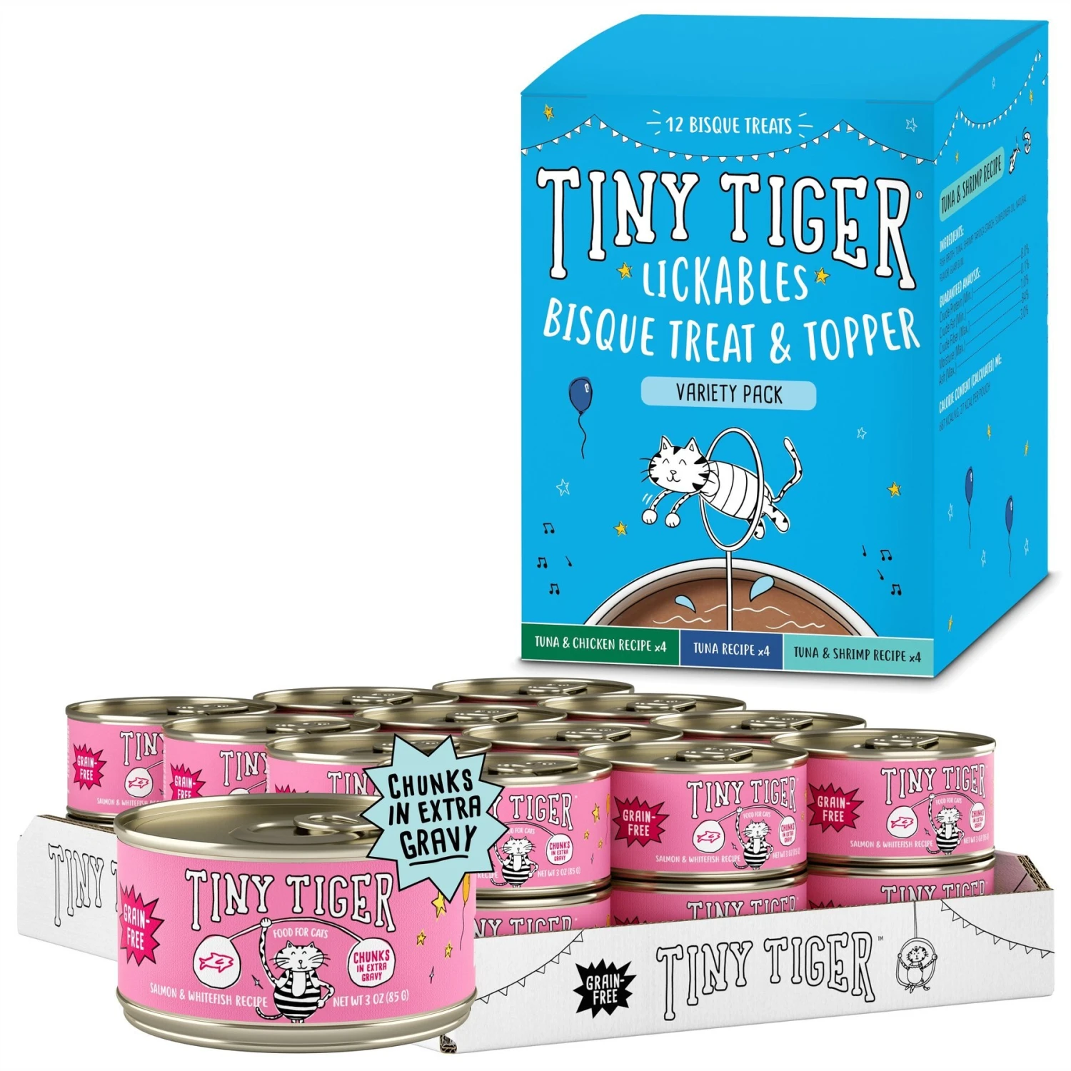 Tiny Tiger Chunks In EXTRA Gravy Salmon & Whitefish Recipe Grain-Free Canned Cat Food & Tiny Tiger, Lickables, Variety Pack, Bisque Cat Treat & Topper 3 Tiny Tiger Chunks In EXTRA Gravy Salmon & Whitefish Recipe Grain-Free Canned Cat Food & Tiny Tiger, Lickables, Variety Pack, Bisque Cat Treat & Topper