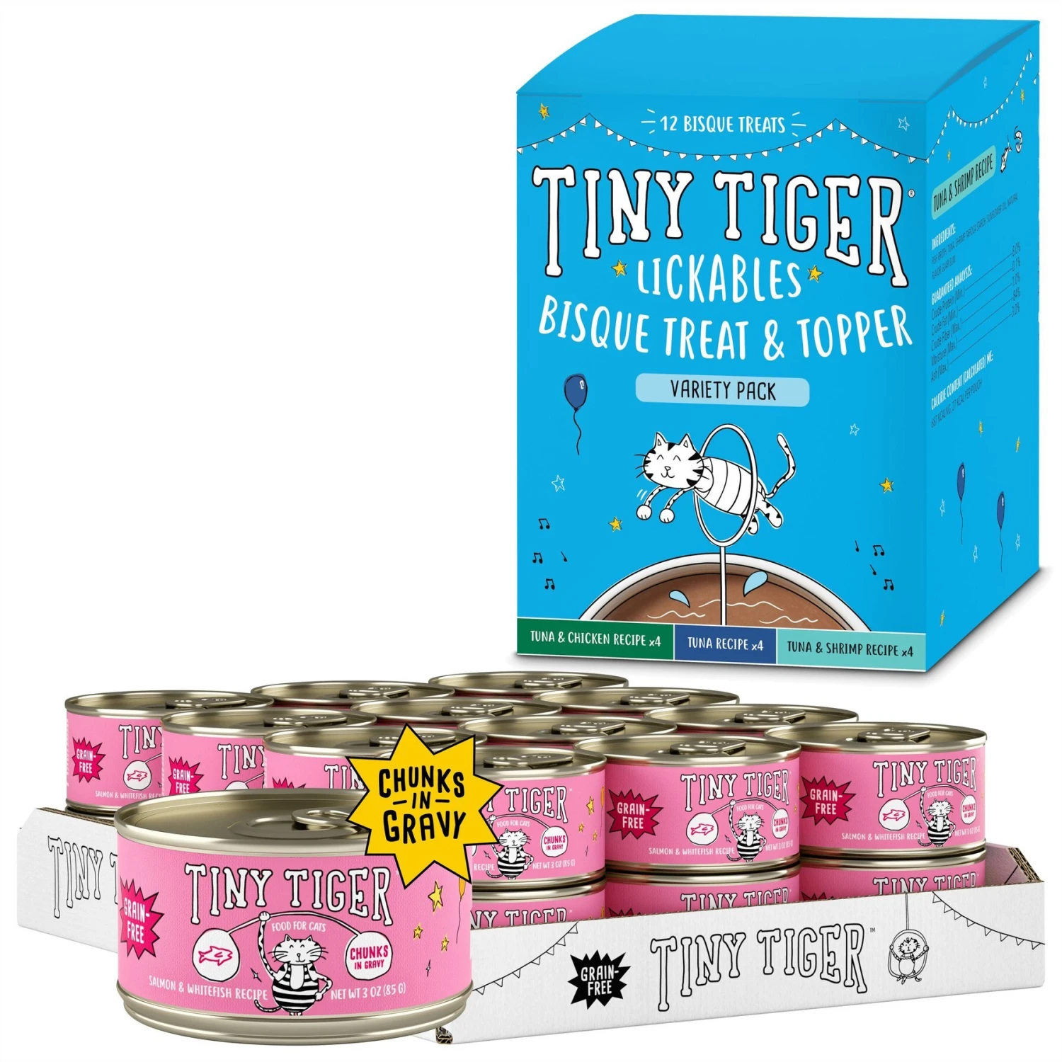 Tiny Tiger Chunks In Gravy Salmon & Whitefish Recipe Grain-Free Canned Cat Food & Tiny Tiger, Lickables, Variety Pack, Bisque Cat Treat & Topper 3 Tiny Tiger Chunks In Gravy Salmon & Whitefish Recipe Grain-Free Canned Cat Food & Tiny Tiger, Lickables, Variety Pack, Bisque Cat Treat & Topper