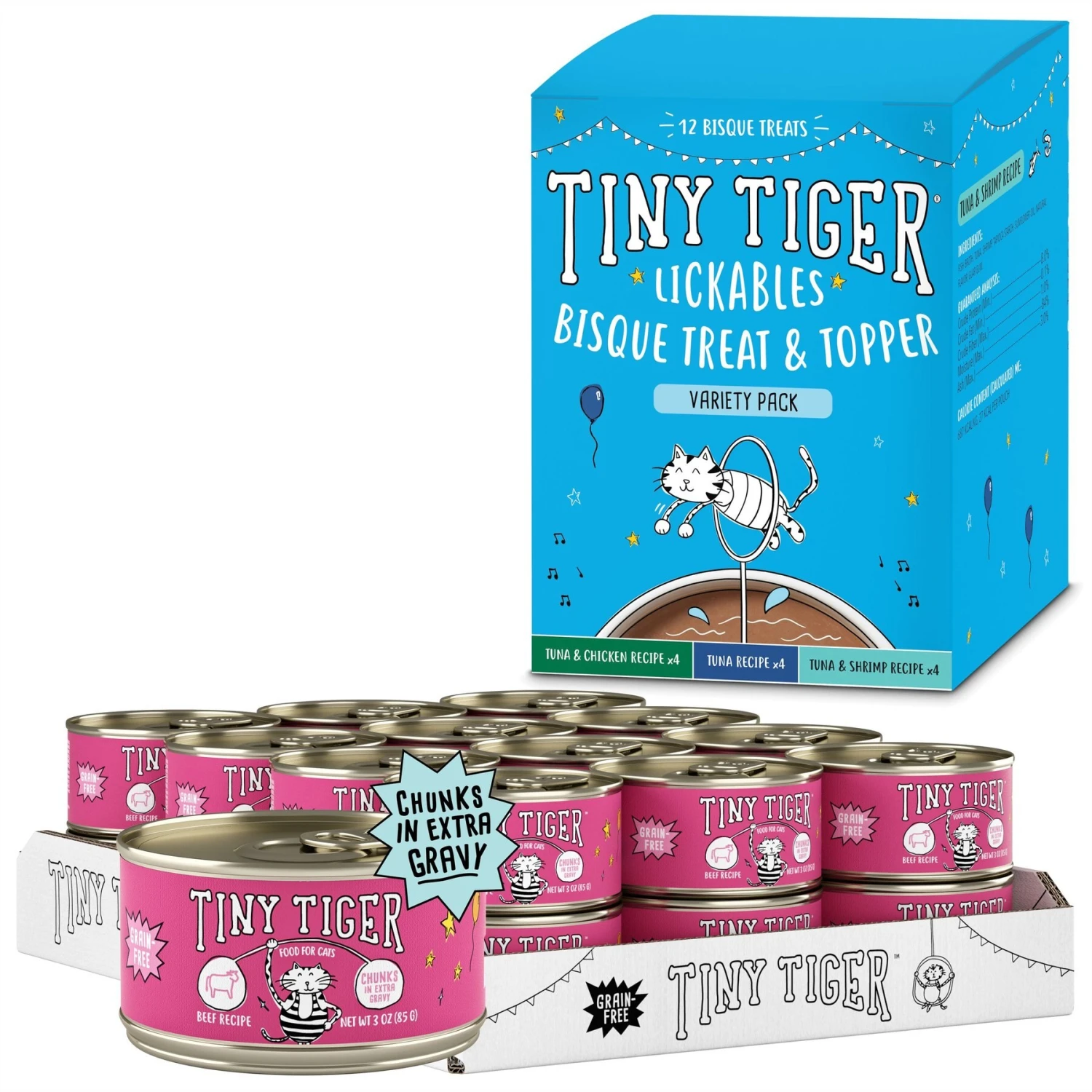 Tiny Tiger Chunks In EXTRA Gravy Beef Recipe Grain-Free Canned Cat Food & Tiny Tiger, Lickables, Variety Pack, Bisque Cat Treat & Topper 3 Tiny Tiger Chunks In EXTRA Gravy Beef Recipe Grain-Free Canned Cat Food & Tiny Tiger, Lickables, Variety Pack, Bisque Cat Treat & Topper