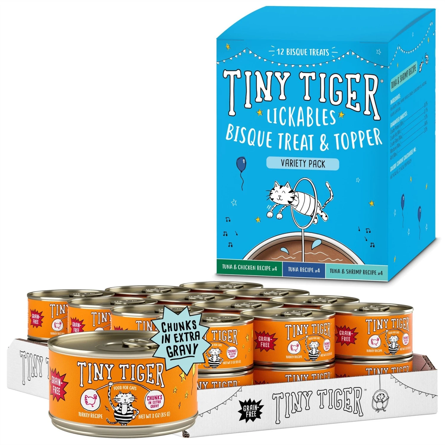 Tiny Tiger Chunks In EXTRA Gravy Turkey Recipe Grain-Free Canned Cat Food & Tiny Tiger, Lickables, Variety Pack, Bisque Cat Treat & Topper 3 Tiny Tiger Chunks In EXTRA Gravy Turkey Recipe Grain-Free Canned Cat Food & Tiny Tiger, Lickables, Variety Pack, Bisque Cat Treat & Topper