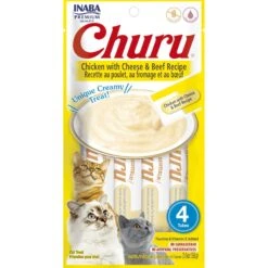 Inaba Churu Chicken With Cheese & Beef Recipe Creamy Puree Grain-Free Lickable Cat Treats