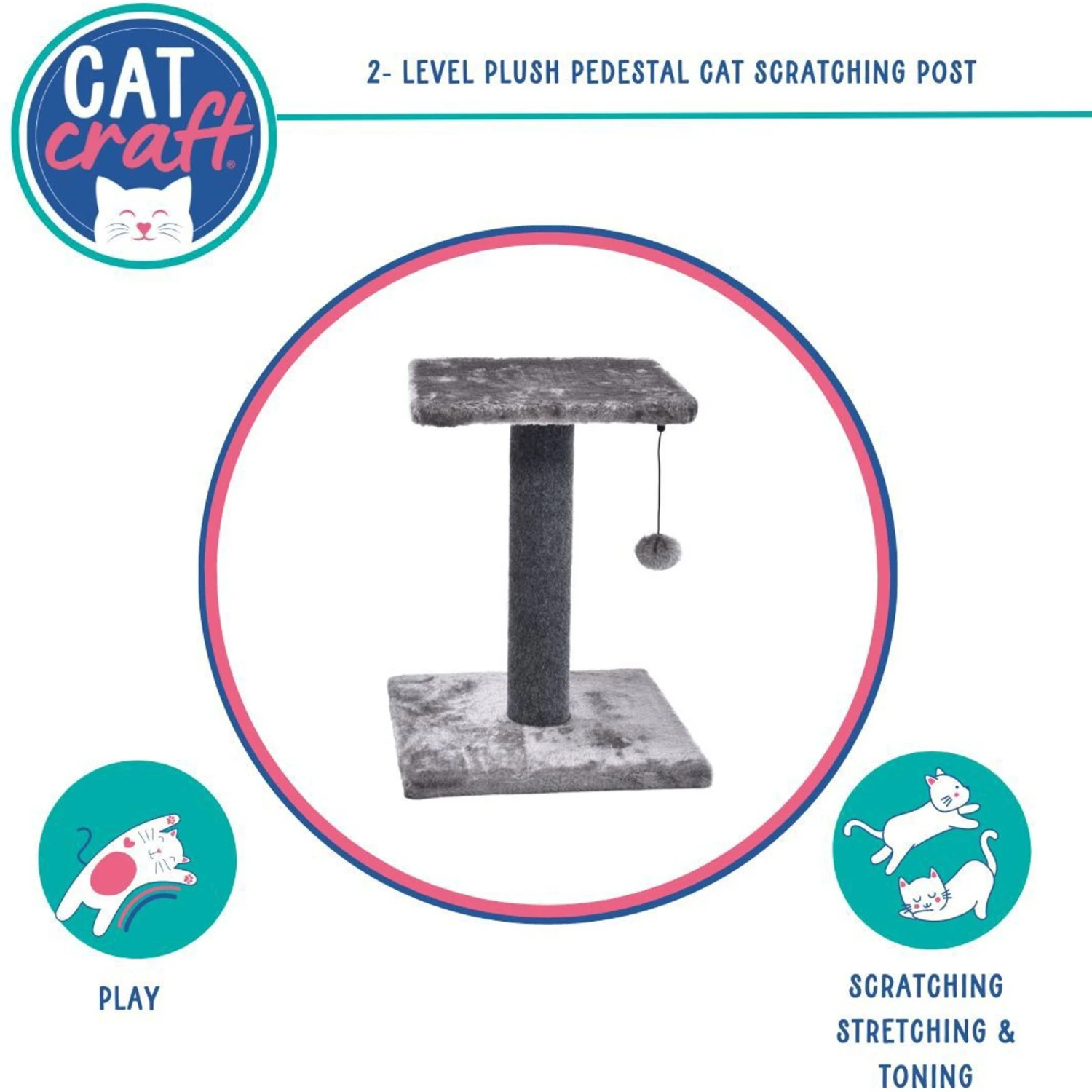 Cat Craft 2 Tier Plush Pedestal Cat Scratching Post & Platform Lounge With Hanging Cat Toy, Grey 4 Cat Craft 2 Tier Plush Pedestal Cat Scratching Post & Platform Lounge With Hanging Cat Toy, Grey - Image 2