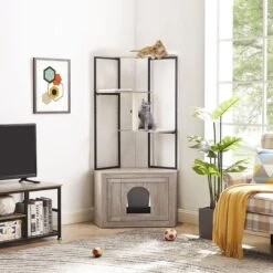 Unipaws Corner Box Enclosure With Cat Tree Tower Cat Litter, Weathered Grey, Medium