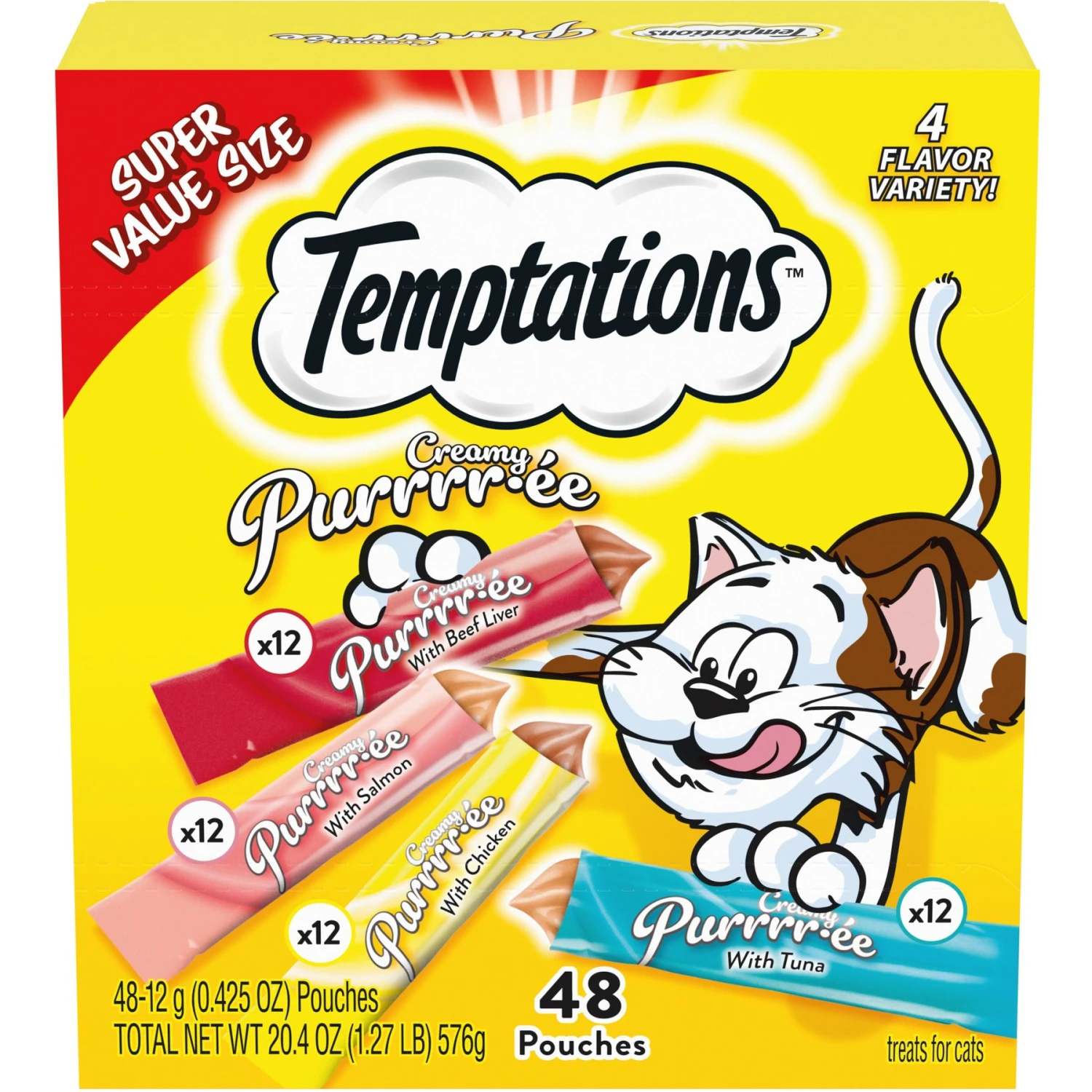 Temptations Creamy Puree Variety Pack Lickable Cat Treats, 12-g Pouch, Pack Of 48 3 Temptations Creamy Puree Variety Pack Lickable Cat Treats, 12-g Pouch, Pack Of 48