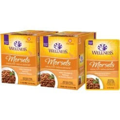 Wellness Healthy Indulgence Morsels With Chicken & Salmon In Savory Sauce Grain-Free Wet Cat Food Pouches, 3-oz, Case Of 24