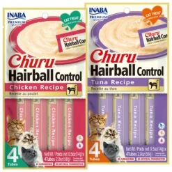 Inaba Churu Tuna Recipe Creamy Puree Grain-Free Lickable Cat Treats & Inaba Churu Hairball Control Chicken Recipe Creamy Puree Grain-Free Lickable Cat Treats